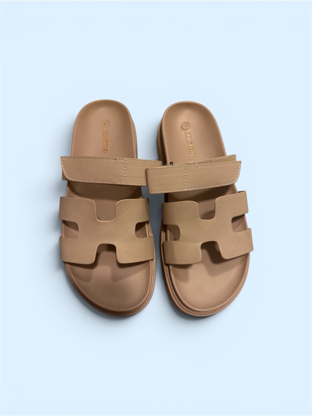 Women's Tan Slide Sandals with Dual Straps